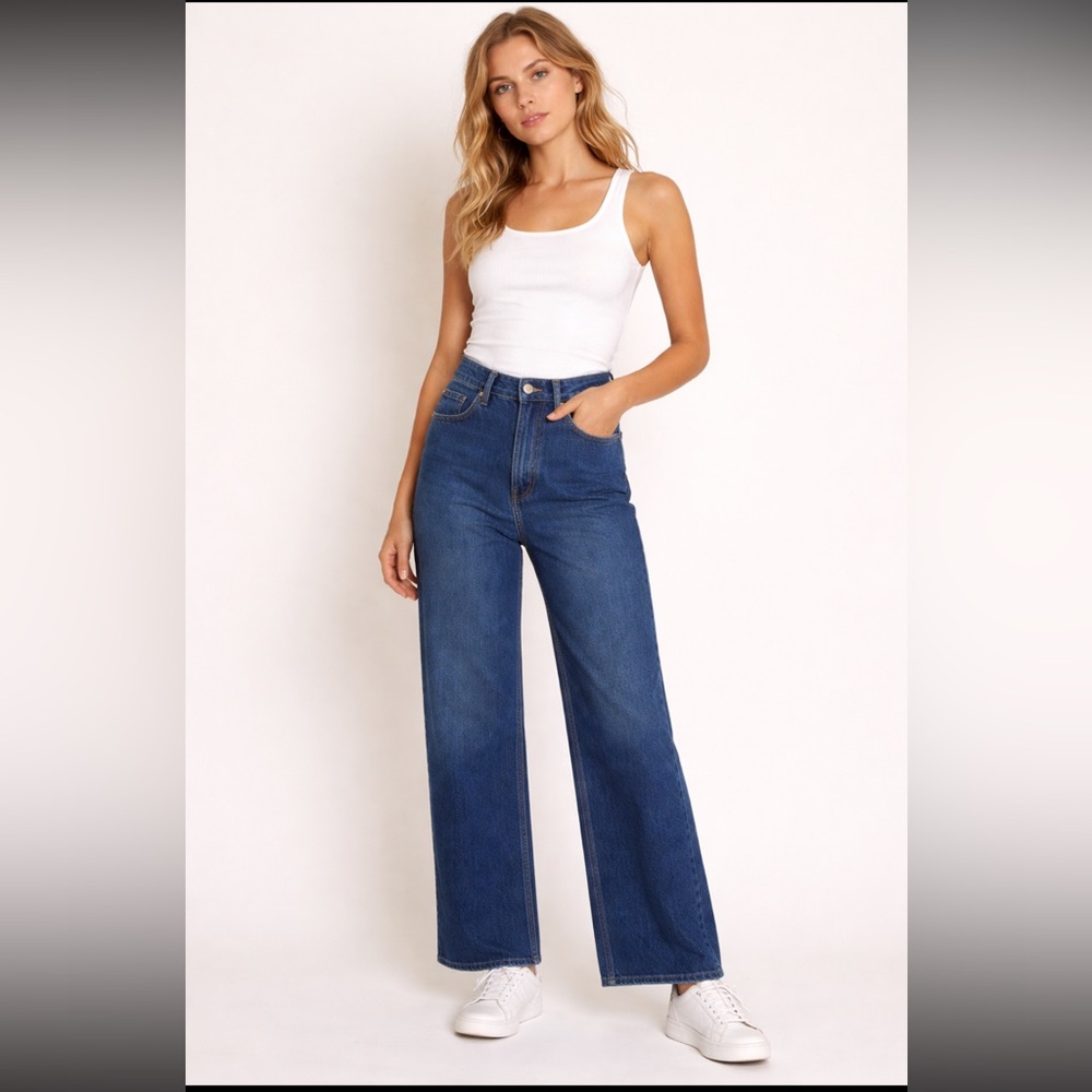 GAP High Rise Stride Wide-Leg Jeans Woman 31/12 Dark Wash Cropped RAW HEM 2024